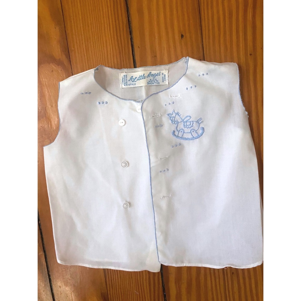 A‎ Little Angel Vintage Baby Shirt White Blue Rocking Horse Embroidered 0-3 M